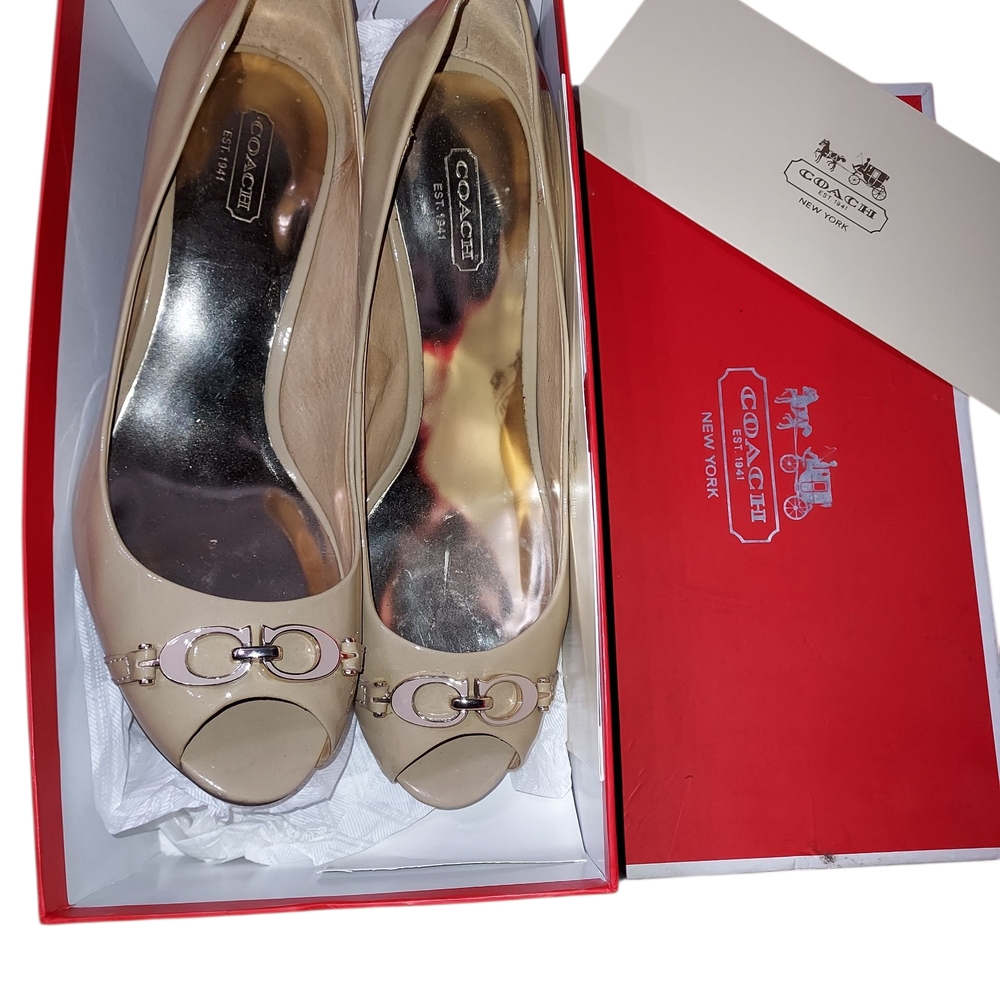 Coach Cream Elora Patent Cappuccino Wedge Shoes